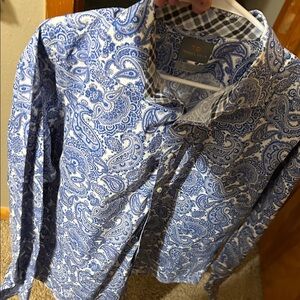 Thomas Dean Blue and White Paisley Button Down Shirt
